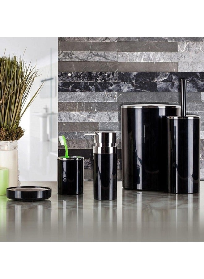 Primanova Lenox Acrylic 5 Piece Bathroom Accessory Set (6 Liter Basket-Liquid Soap Dispenser-Soap Holder-Toilet Cleaning Brush-Toothbrush & Toothpaste Holder )Black/Silver Frame - Image 1