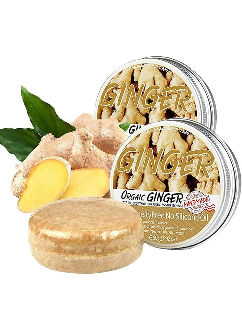 جينجر صابونة شامبو الزنجبيل لإعادة نمو الشعر، صابونة شامبو الزنجبيل لإعادة نمو الشعر، صابونة شامبو صلبة، شامبو ضد تساقط الشعر، يعزز نمو الشعر الصحي، عبوة من قطعتين - Image 1
