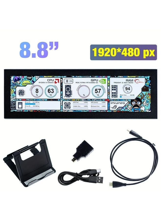8.8 Inch USB Powered Secondary Monitor With AIDA64 Display Adjustable Height Mounting Bracket - Image 1