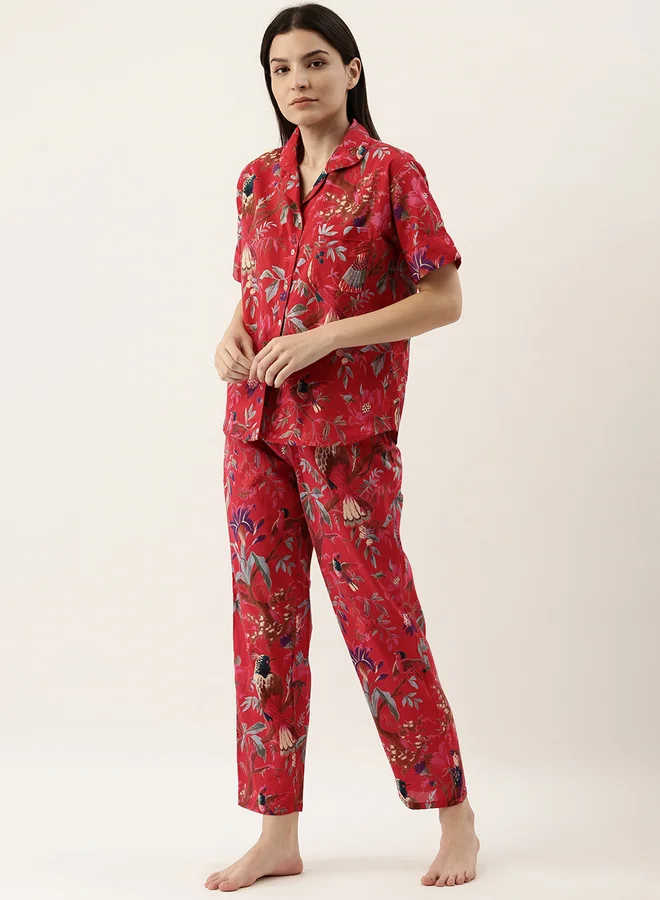 Sanskrutihomes Red Tropical Print Cotton Shirt and Pyjama Set