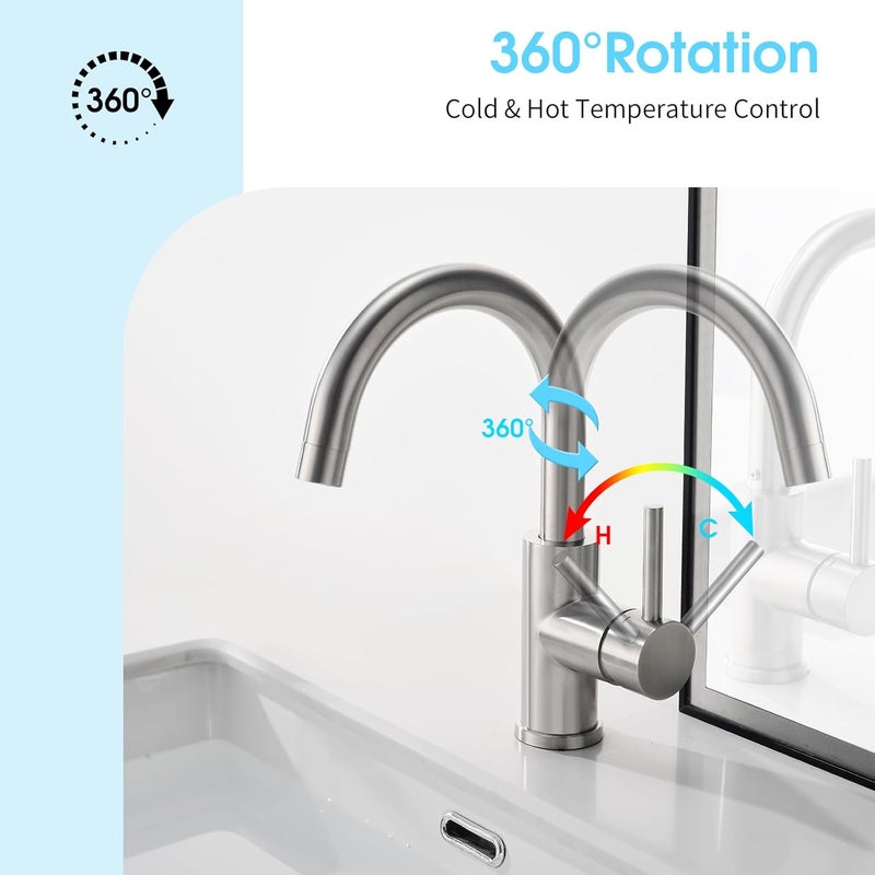 Crea Bar Sink Faucet, Bathroom Kitchen Faucet Brushed Nickel Pre Wet Small Mini Kitchen Bath Utility Marine Faucet Single Hole Stainless Steel Farmhouse Vanity Lavatory Faucets Outdoor - Image 2
