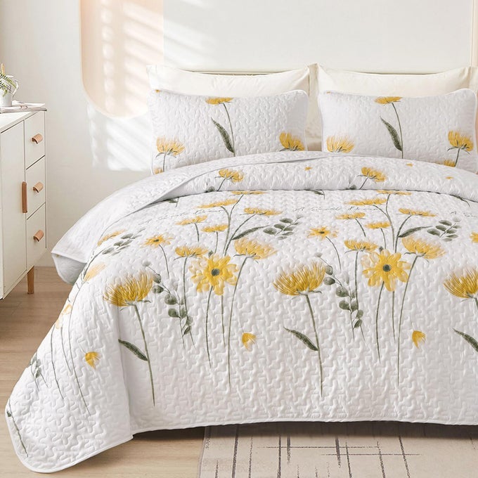QUILT SET QUEEN CUTE FLORAL BEDSPREAD COVERLET YELLOW FLOWER QUILTS MICROFIBER LIGHTWEIGHT SUMMER BEDDING SETS REVERSIBLE SOFT QUILTED BED COVER FOR ALL SEASON96X90