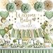 Aurasys Baby Shower Decorations Sage Green Balloons Welcome Baby Banner Cake Topper Paper PomPoms Tassels Star Banner Decor for Baby Shower Decorations Neutral Gender Reveal Party Supplies - Image 3