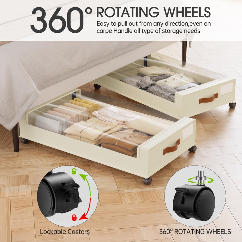 Yecaye Under Bed Storage with Wheels, 2 Pack Under Bed Storage Containers, 60L Underbed Shoe Storage with Clear Window & Label, Rolling Under Bed Metal Drawer for Clothes, Shoes, Books, Blankets - Image 3