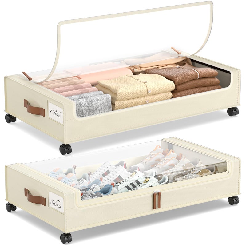 Yecaye Under Bed Storage with Wheels, 2 Pack Under Bed Storage Containers, 60L Underbed Shoe Storage with Clear Window & Label, Rolling Under Bed Metal Drawer for Clothes, Shoes, Books, Blankets - Image 1