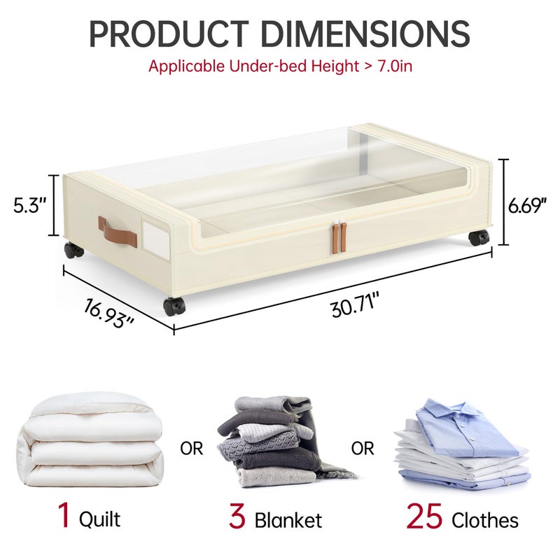 Yecaye Under Bed Storage with Wheels, 2 Pack Under Bed Storage Containers, 60L Underbed Shoe Storage with Clear Window & Label, Rolling Under Bed Metal Drawer for Clothes, Shoes, Books, Blankets - Image 2