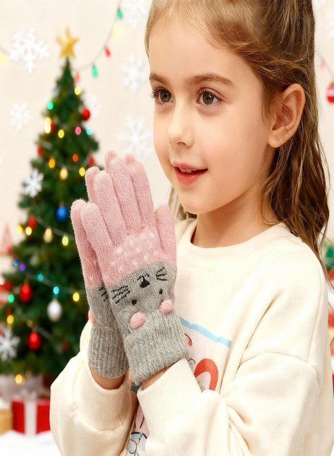 Piewag 3 Pairs Toddler Gloves Kids Cute Cat Warm Winter Knitted Mittens for Girls 2-6 Years old - Image 3