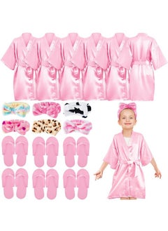Jecery 18 Pcs Spa Party Supplies For Girls 6 Satin Kimono Robe 6 Spa Headband 6 Disposable Foam Pedicure Slippers (Pink,Size 14)  - Image 1