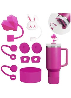 Stanley Cup Accessories Set Including 6 Pcs Silicone Spill Proof Stopper, 2 Pcs Straw Cover Cap for 9-10 mm Straws, 1 Pcs Silicone Boot for Stanley Cup Stanley 40oz & 30oz Tumbler (Fuchsia)