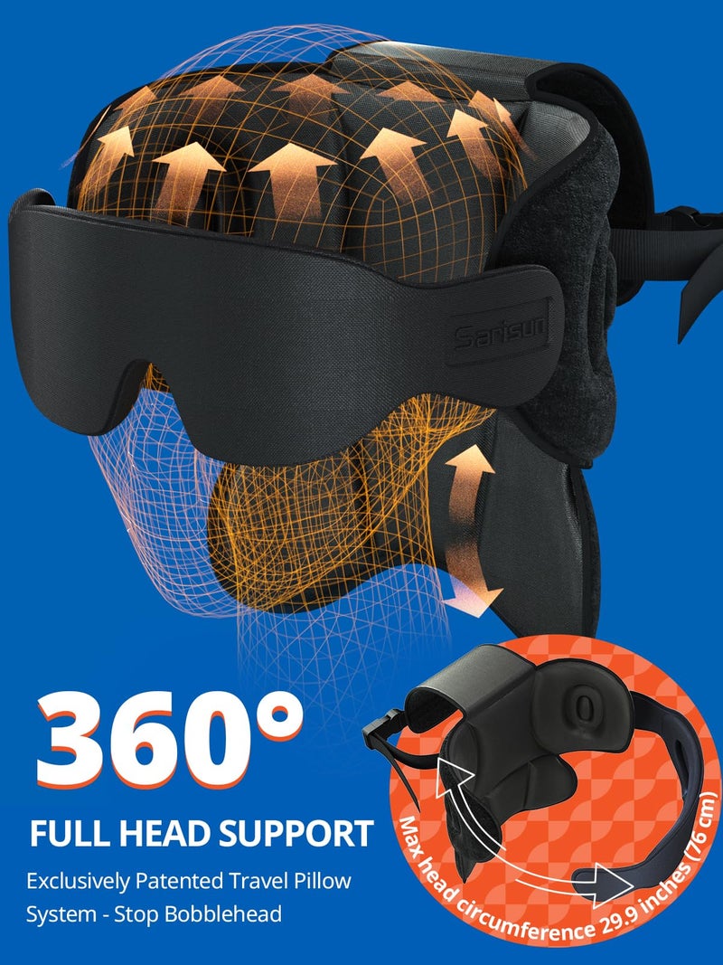 SARISUN Travel Pillows for Airplanes, Airplane Pillow with 3D Sleep Eye Mask, 360Â° Head Support, Stop Bobblehead Plane Travel Essentials, Adjustable Airplane Head Strap for Budget Airlines, Black - Image 4