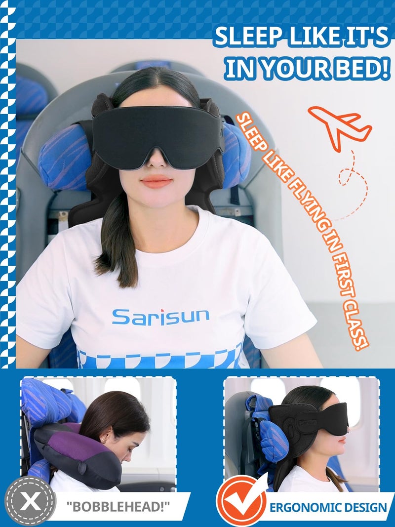 SARISUN Travel Pillows for Airplanes, Airplane Pillow with 3D Sleep Eye Mask, 360Â° Head Support, Stop Bobblehead Plane Travel Essentials, Adjustable Airplane Head Strap for Budget Airlines, Black - Image 3