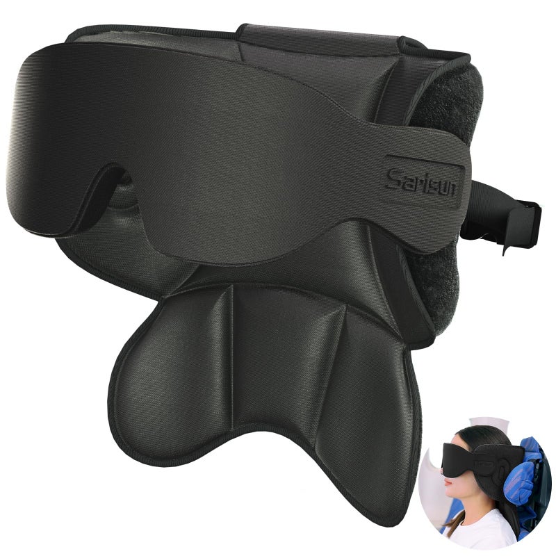 SARISUN Travel Pillows for Airplanes, Airplane Pillow with 3D Sleep Eye Mask, 360Â° Head Support, Stop Bobblehead Plane Travel Essentials, Adjustable Airplane Head Strap for Budget Airlines, Black - Image 1