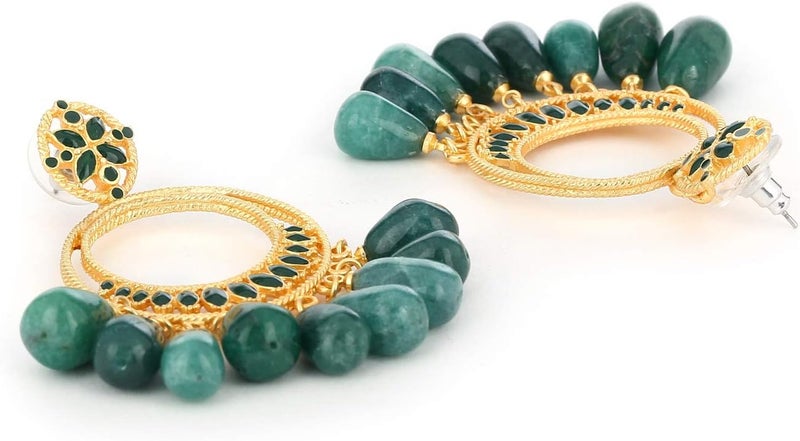 Estele Girls/Women's Non Precious Brass Metal 24K Gold Plated Emerald Green Beads Earrings - Image 3