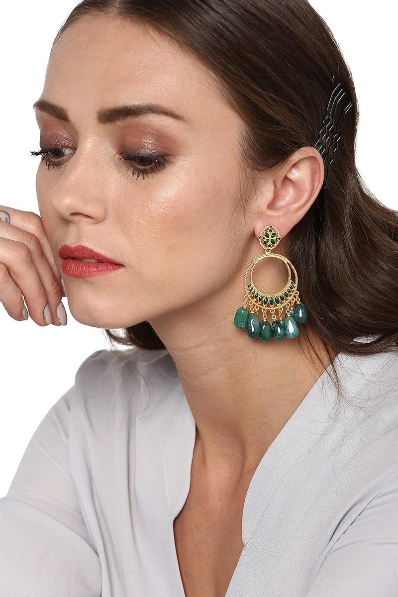 Estele Girls/Women's Non Precious Brass Metal 24K Gold Plated Emerald Green Beads Earrings - Image 2