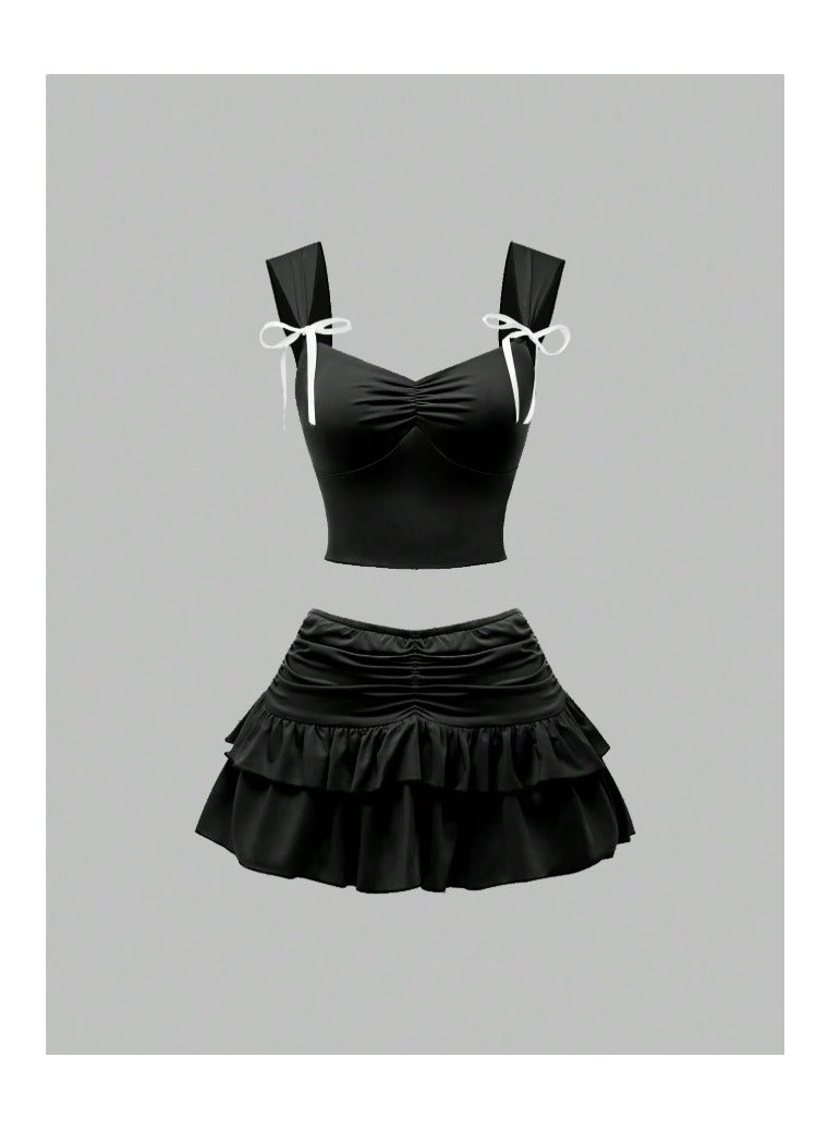 Shein Sweetra Conjunto of 2 pieces on top and bottoms with adornos of encaje and volantes for the mujer, with - Image 1