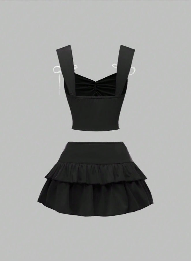 Shein Sweetra Conjunto of 2 pieces on top and bottoms with adornos of encaje and volantes for the mujer, with - Image 2