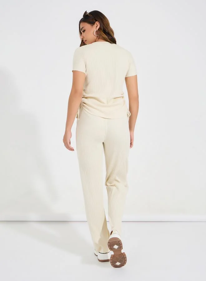 Styli Wide Rib Ruched T-Shirt & Straight Leg Joggers Co-Ords