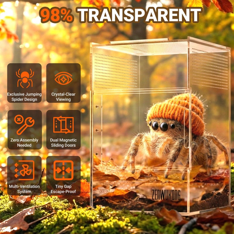 ZENWUKONG Jumping Spider Enclosure - Acrylic Terrarium Habitat for Spiders, Tarantulas, Snail, Mantis, Lizard, and Small Reptiles, Dual Magnetic Doors (6x6x9 inch) - Image 2