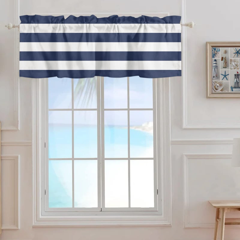 Chucoco Nautical Kitchen Window Valances Navy Blue White Stripe Rod Pocket Short Curtain Valance Simple Color Striped Art Printed Windows Treatment Drapes for BedroomBathroomLiving Room