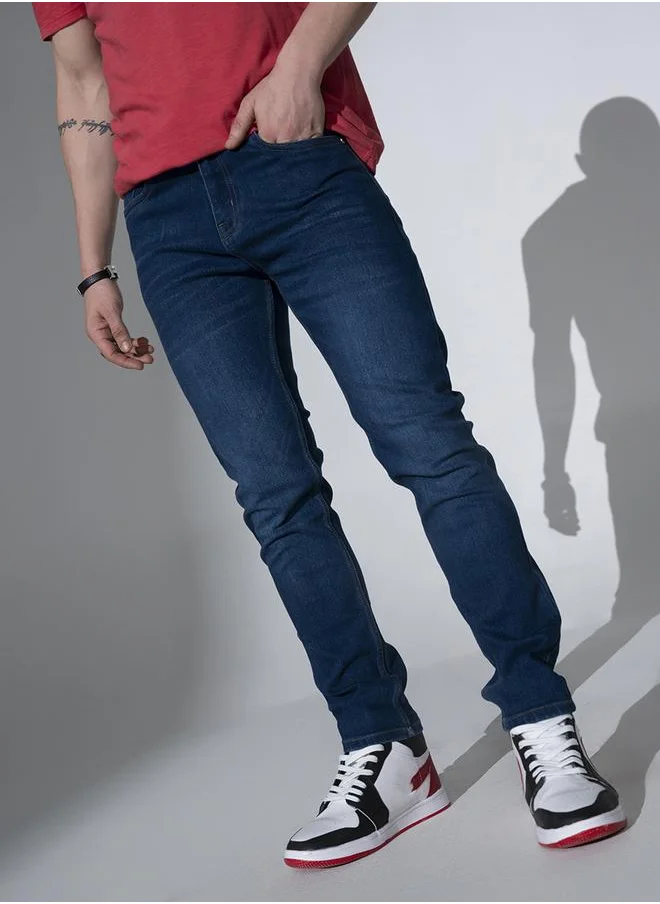 Hubberholme Navy Blue Regular Fit Jeans Solid design crafted from 100% Cotton with Button closure.