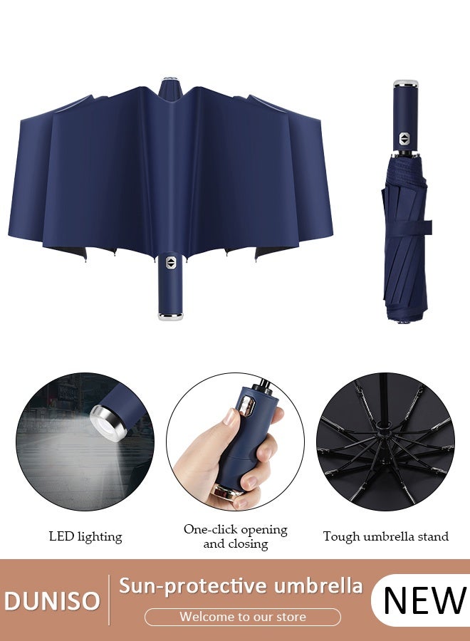 DUNISO مظلة سفر محمولة مقاومة للرياح قابلة للطي مع مصباح LED ومظلات مضادة للأشعة فوق البنفسجية للشمس والمطر للنساء والرجال - Image 1