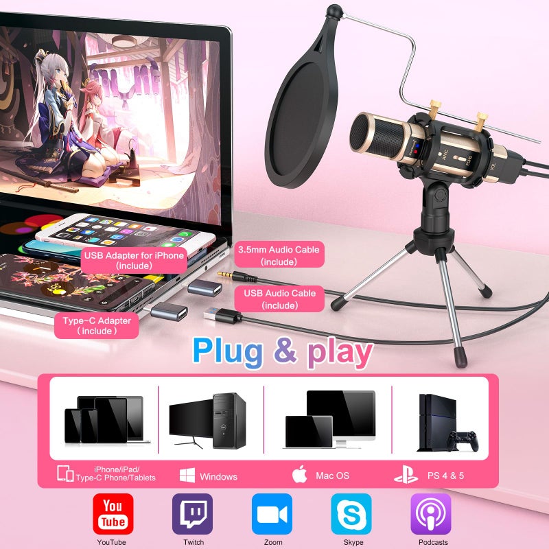 ZealSound ميكروفون تسجيل استوديو ZealSound، ميكروفون بث مكثف مع حامل وبطاقة صوت مدمجة لتسجيل صدى الكاريوكي والغناء للهاتف والكمبيوتر PC وGarageband وSmule والبث المباشر وYouTube (ذهبي) - Image 2