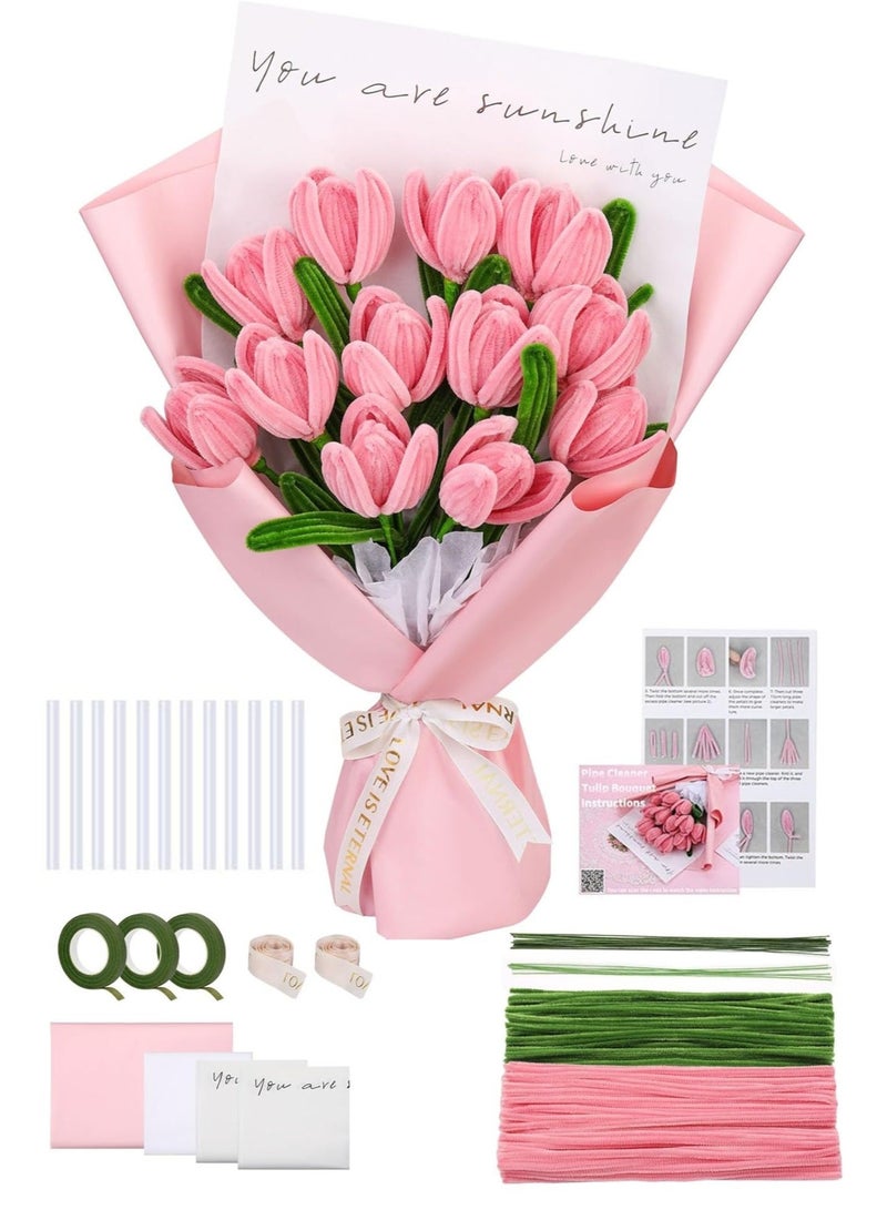 Arabest Pipe Cleaners Craft, Craft Pipe Cleaner Flower Kit, Chenille Pipe Cleaners with Wrapping Paper, Step-by-Step Tutorials for Birthday Home Decoration (Pink) - Image 1