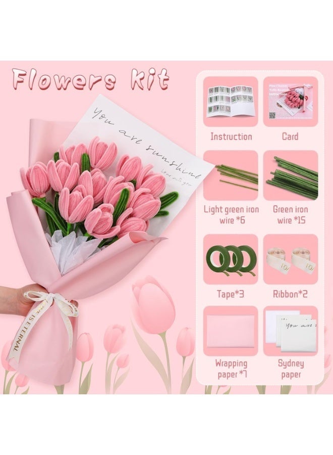 Arabest Pipe Cleaners Craft, Craft Pipe Cleaner Flower Kit, Chenille Pipe Cleaners with Wrapping Paper, Step-by-Step Tutorials for Birthday Home Decoration (Pink) - Image 2