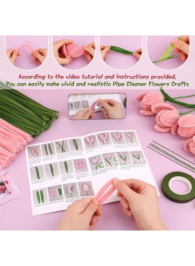 Arabest Pipe Cleaners Craft, Craft Pipe Cleaner Flower Kit, Chenille Pipe Cleaners with Wrapping Paper, Step-by-Step Tutorials for Birthday Home Decoration (Pink) - Image 5