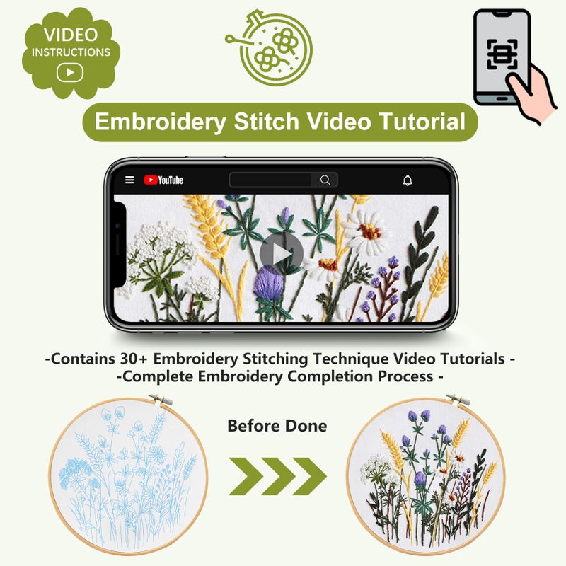 Santune 3 Pack Embroidery Kit for Beginners, Needlepoint Cross Stitch Kits for Adults,Needle Point Sets with Stamped Wild Flower Pattern Stitch Video Tutorial - Image 3