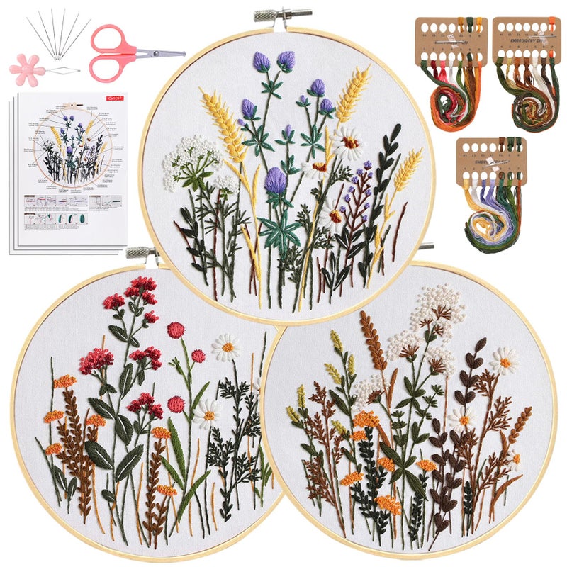 Santune 3 Pack Embroidery Kit for Beginners, Needlepoint Cross Stitch Kits for Adults,Needle Point Sets with Stamped Wild Flower Pattern Stitch Video Tutorial - Image 1