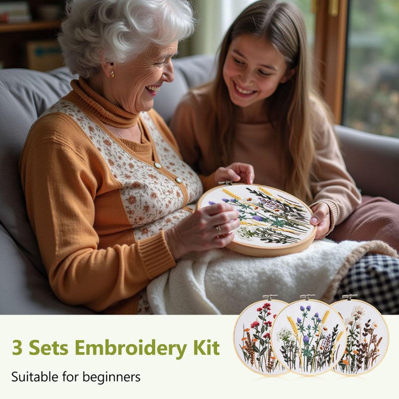 Santune 3 Pack Embroidery Kit for Beginners, Needlepoint Cross Stitch Kits for Adults,Needle Point Sets with Stamped Wild Flower Pattern Stitch Video Tutorial - Image 5