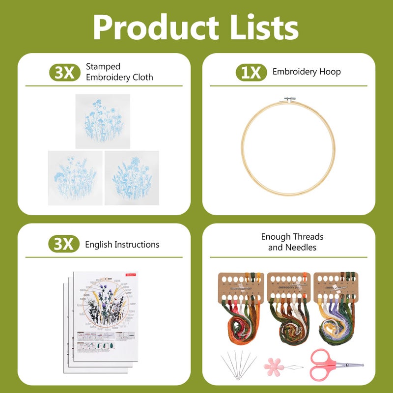 Santune 3 Pack Embroidery Kit for Beginners, Needlepoint Cross Stitch Kits for Adults,Needle Point Sets with Stamped Wild Flower Pattern Stitch Video Tutorial - Image 4