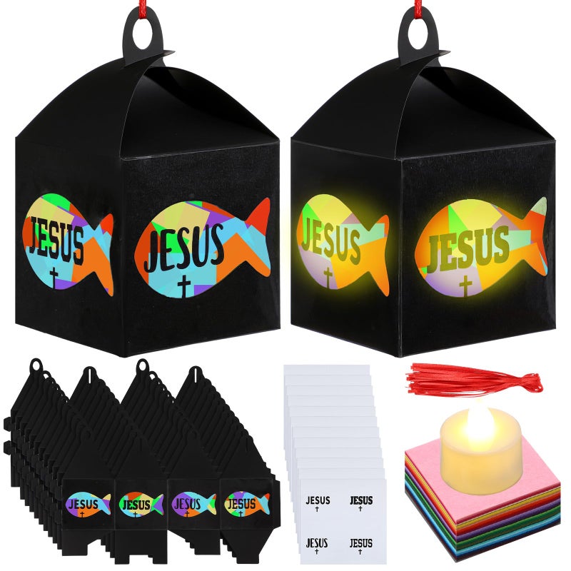 Simgoing 12 Sets Easter Crafts Religious Fish Crafts with LED Candle Light DIY Faith Jesus Fish Tissue Paper Kits Religious Hanging Ornament for Church Sunday School VBS Classroom Activities - Image 3