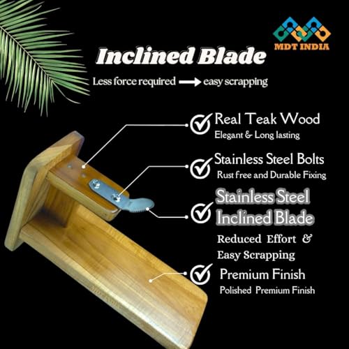 MDT India Real Teak Polished Table Top Coconut Scraper Chirava Grater Thengai Thuruvi (Inclined Stainless Steel Blade) - Image 3