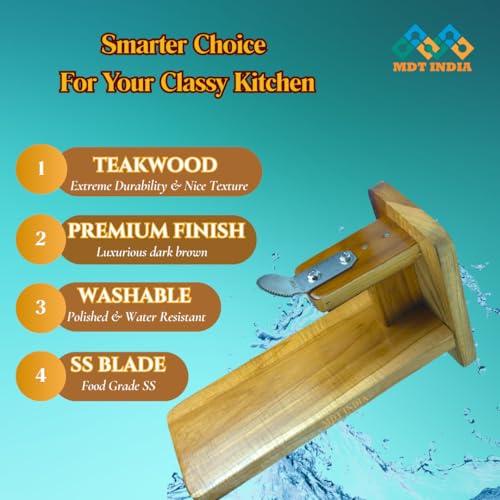 MDT India Real Teak Polished Table Top Coconut Scraper Chirava Grater Thengai Thuruvi (Inclined Stainless Steel Blade) - Image 2