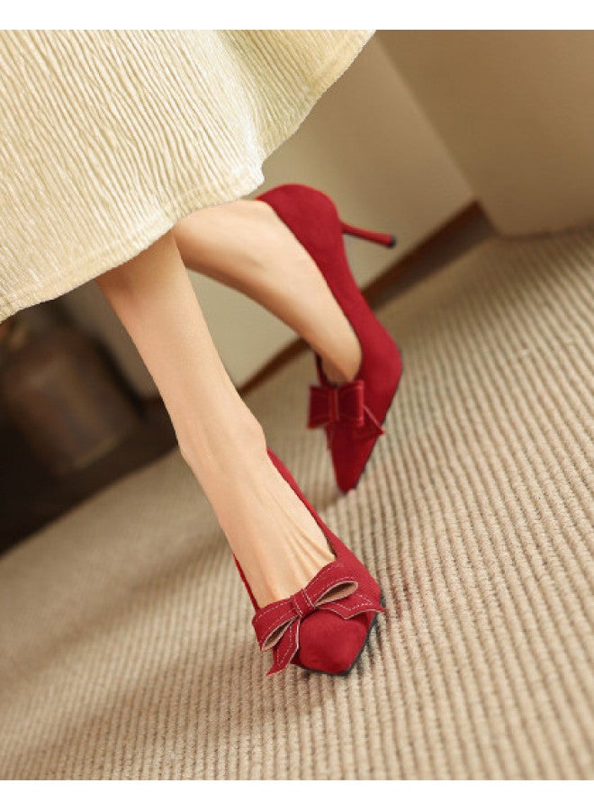 Amore Elegant French Classic Women's Flats, Spring And Summer Style, Bow Tie Stiletto Heel Suede High Heels For Women - Image 1