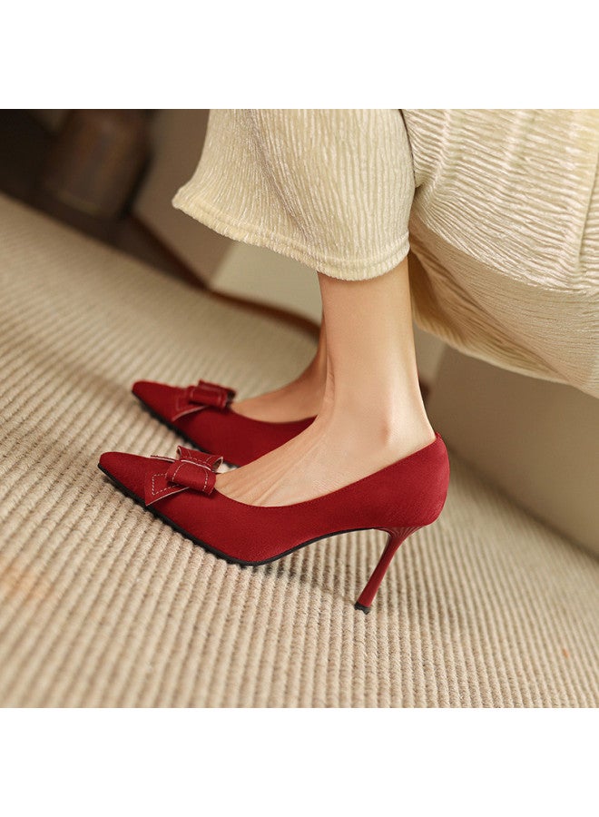 Amore Elegant French Classic Women's Flats, Spring And Summer Style, Bow Tie Stiletto Heel Suede High Heels For Women - Image 3