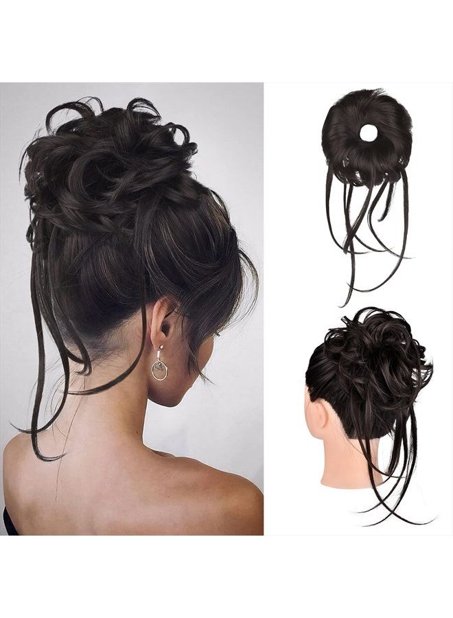 HOOJIH Messy Bun Hair Piece, Super Long Tousled Updo Hair Bun Extensions Wavy Hair Wrap Ponytail Hairpieces Hair Scrunchies with Elastic Hair Band for Women Girls - Black Brown - Image 1