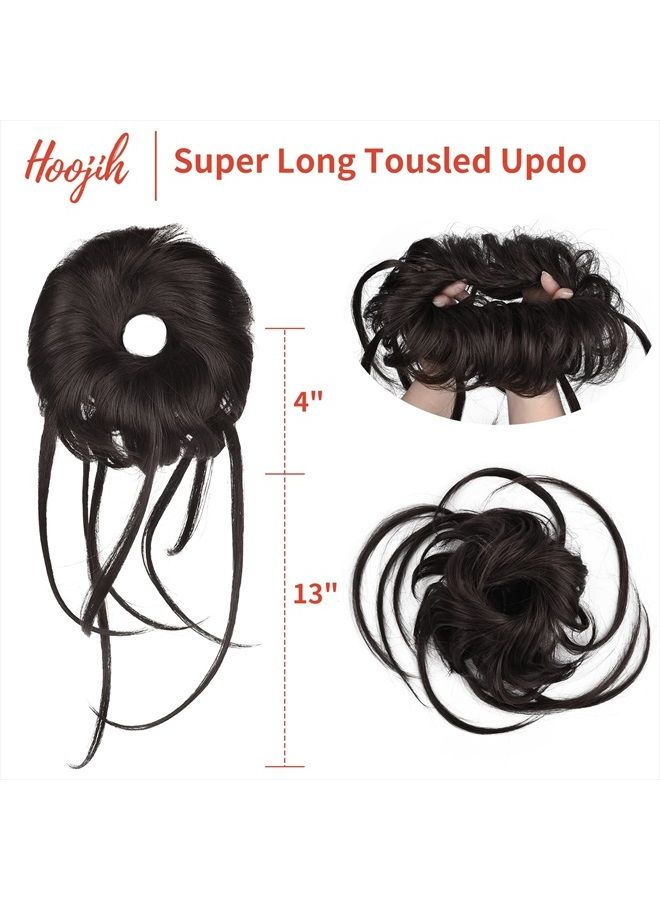 HOOJIH Messy Bun Hair Piece, Super Long Tousled Updo Hair Bun Extensions Wavy Hair Wrap Ponytail Hairpieces Hair Scrunchies with Elastic Hair Band for Women Girls - Black Brown - Image 2