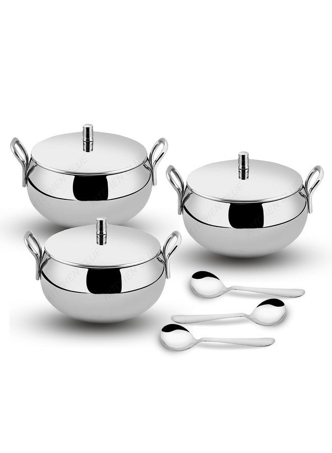 KITCHEN CLUE Stainless Steel Handi Serving Combo Set With Lids - Pack Of 3 Pcs, 1750 ML - Steel Kadhai Set For Kitchen - Kitchen Cookware With Handles For Storing, Serving Rice, Curry, Dal, Dry Fruits - Image 1