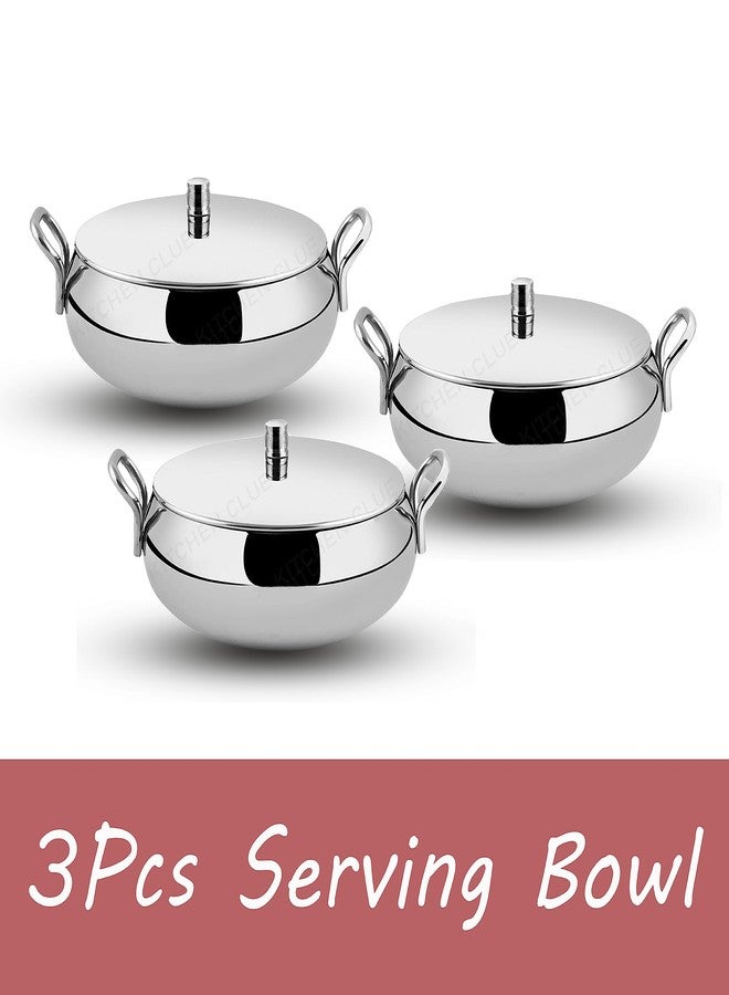 KITCHEN CLUE Stainless Steel Handi Serving Combo Set With Lids - Pack Of 3 Pcs, 1750 ML - Steel Kadhai Set For Kitchen - Kitchen Cookware With Handles For Storing, Serving Rice, Curry, Dal, Dry Fruits - Image 5