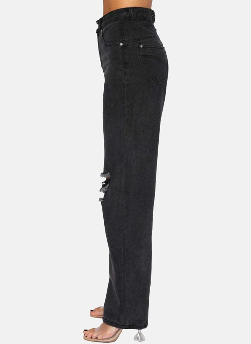 YUNIQEE Black Straight Fit Slash Knee High-Rise Jeans