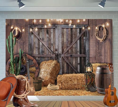 Alltten 7x5ft Western Cowboy Backdrop Western Party Decorations Wild West Vintage Wooden House Barn Door Photography Background Cowboy Theme Party Decorations Banner Photo Booth F44 - Image 1