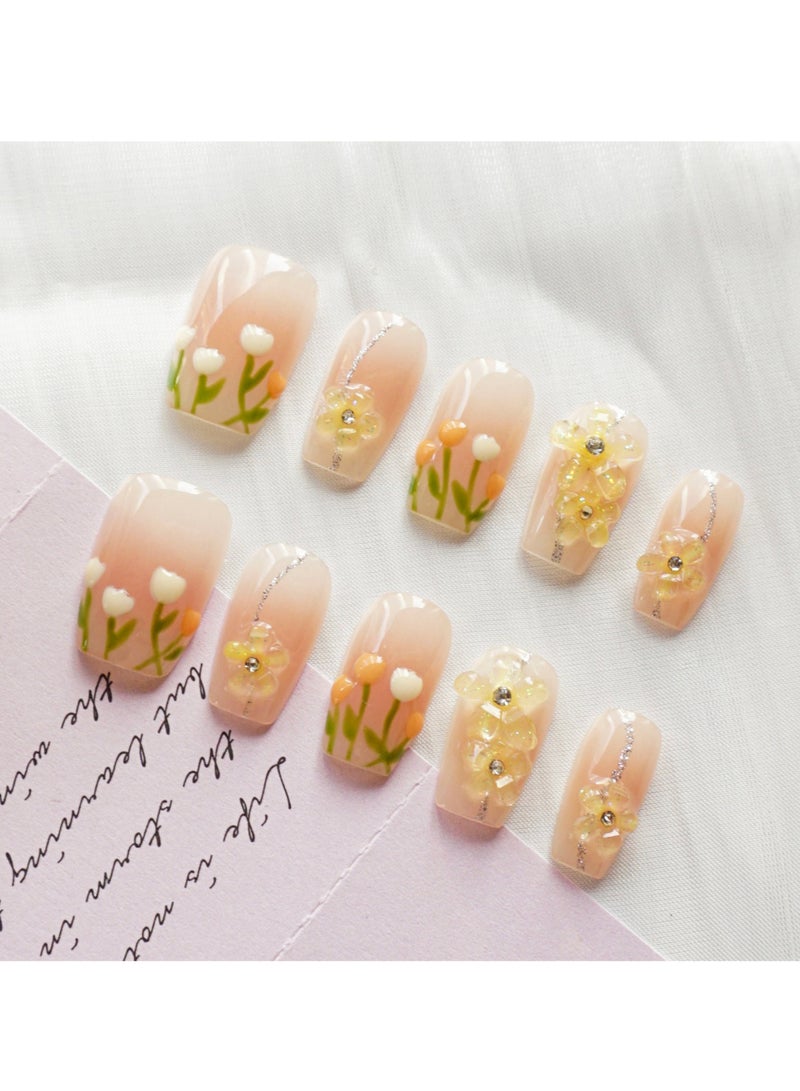 Artist Design/3D Elegant Tulip (Handmade)/Press On nails/Luxury Hand Painted/Medium Coffin/10 PCS/M Size - Image 2
