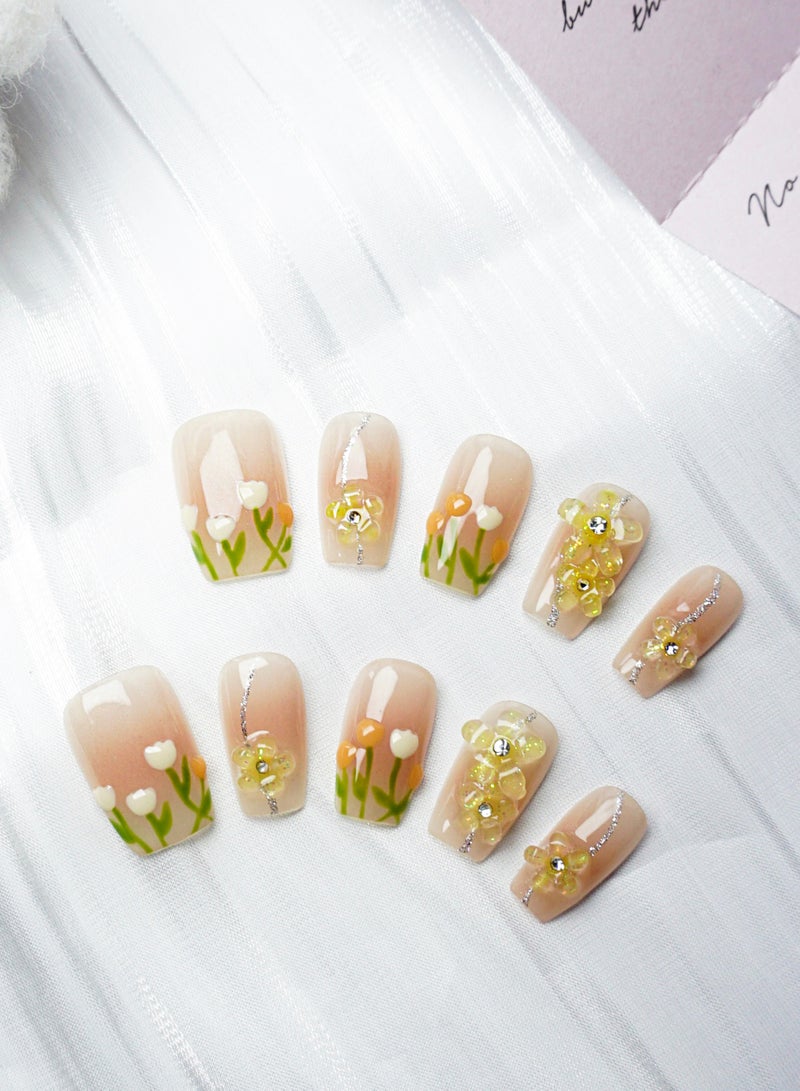 Artist Design/3D Elegant Tulip (Handmade)/Press On nails/Luxury Hand Painted/Medium Coffin/10 PCS/M Size - Image 1