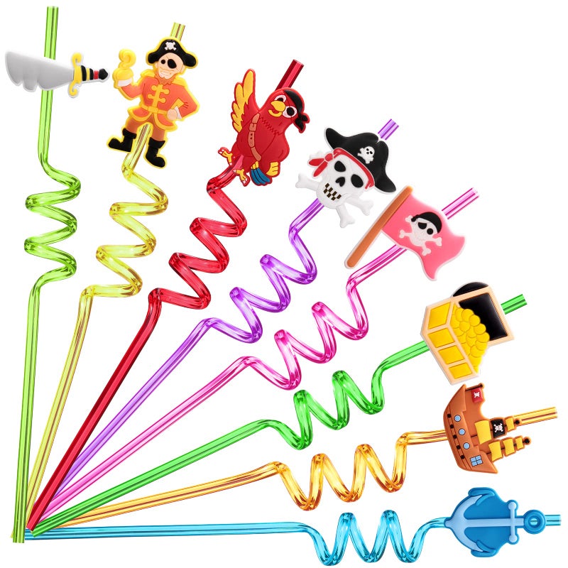24 Pirate Party Favors Reusable Plastic Straws for Pirate Themed Birthday Party Supplies Decorations with 2 Cleaning Brushes