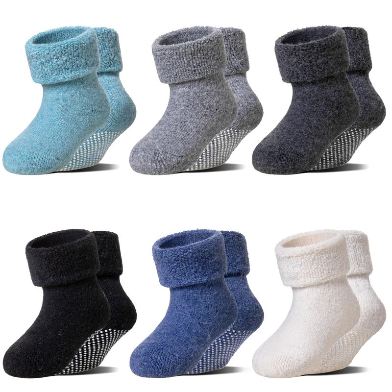 Eocom 6 Pairs Baby Boy Girl Non Slip Socks Child Toddler Winter Thick Soft Wool Kids Warm Socks with Grips(Blue Set, 1-3T) - Image 1