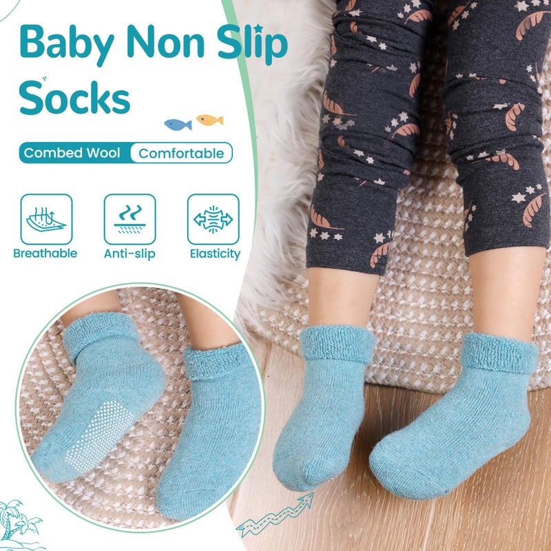 Eocom 6 Pairs Baby Boy Girl Non Slip Socks Child Toddler Winter Thick Soft Wool Kids Warm Socks with Grips(Blue Set, 1-3T) - Image 3