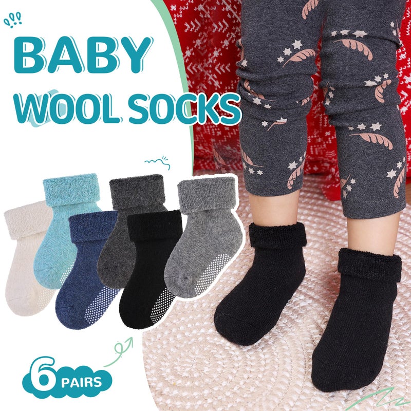 Eocom 6 Pairs Baby Boy Girl Non Slip Socks Child Toddler Winter Thick Soft Wool Kids Warm Socks with Grips(Blue Set, 1-3T) - Image 2